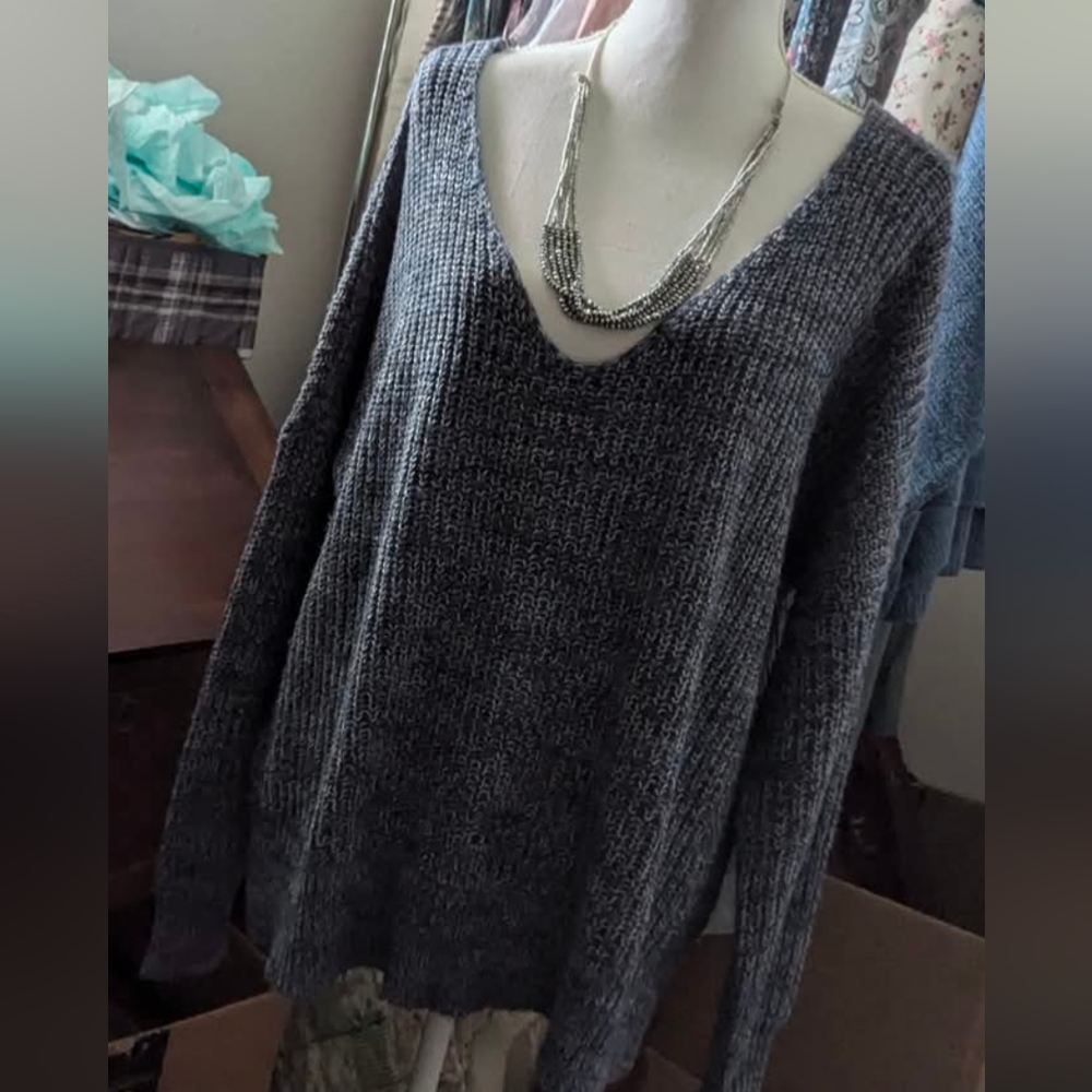 Lucky Brand V-Neck Sweater Blue Gray M Loose